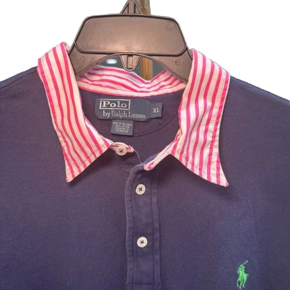 Polo Ralph Lauren Polo Classic Fit Blue Short Sleeve Mens XL Pink Stripe Collar - Picture 2 of 12